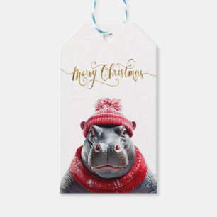 Etiqueta Para Presente Feliz Natal Hippo Santa Chapéu e cachecol