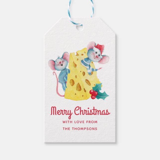 Etiqueta Para Presente Feliz Natal Holly Cheese Mice Personalizado (Frente)
