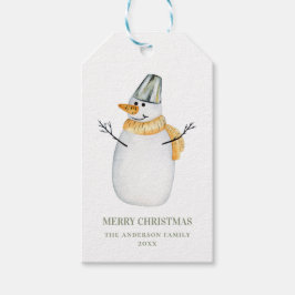 Etiqueta Para Presente Feliz Natal. Homem de neve bonitinho de aquarela. 