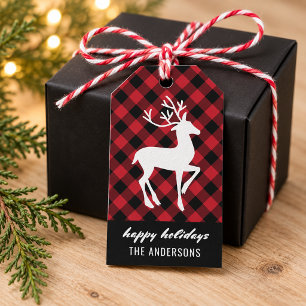 Etiqueta Para Presente Feliz Natal Moderno Rena Veado Vermelho Xadrez Búf