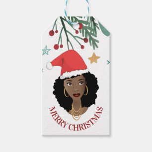 Etiqueta Para Presente Feliz Natal, Mulher Negra, Chapéu Vermelho de San