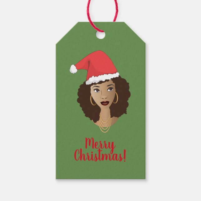 Etiqueta Para Presente Feliz Natal! Mulher Negra, Red Santa Hat, Verde (Frente)