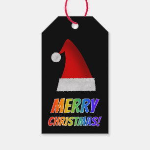 Etiqueta Para Presente "FELIZ NATAL!" no texto do arco-íris, chapéu