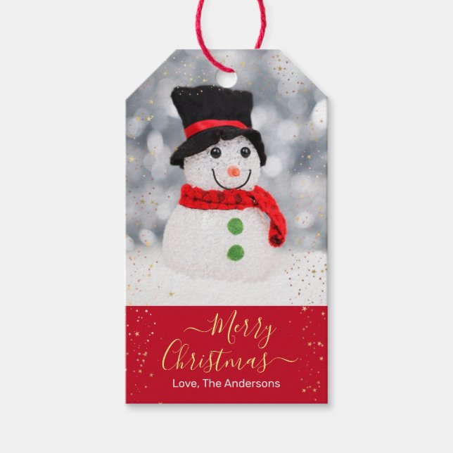 Etiqueta Para Presente Feliz Natal, Nome, Pequeno Snowman, Glitter (Frente)