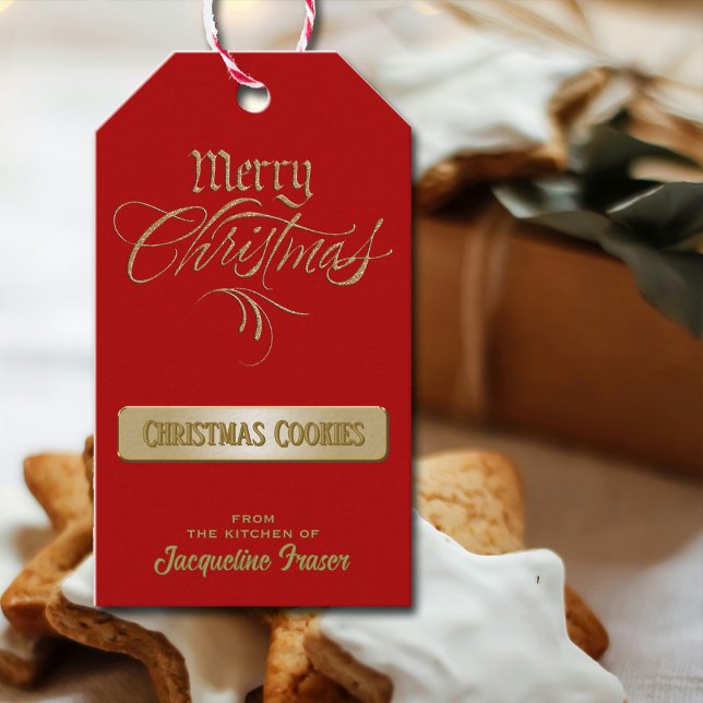 Etiqueta Para Presente Feliz Natal Red Dourado Presente da Cozinha (Elegant Red and Gold tag for your holiday gifts from the kitchen. Beautiful typography.)