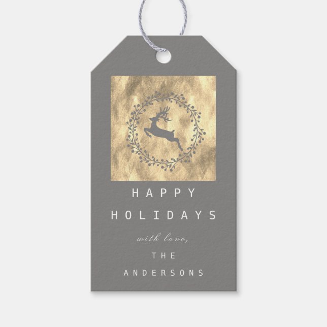 Etiqueta Para Presente Feliz Natal Reindeer Champaigne Cinza Dourada (Frente)