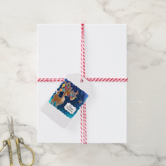 Etiqueta Para Presente Feliz Natal Rena Saltitante (Com cordão)