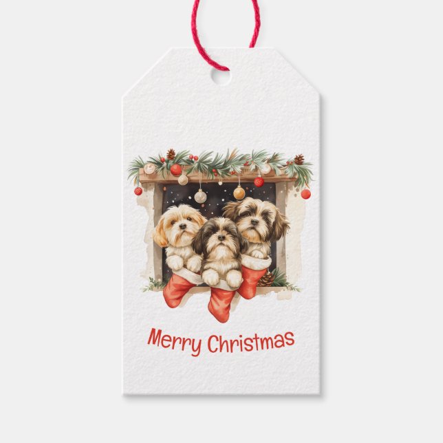 Etiqueta Para Presente Feliz Natal Shih Tzu Dogs (Frente)