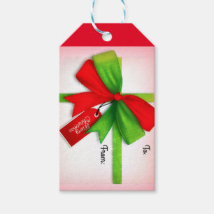 Etiqueta Para Presente Feliz Natal vermelho e presente verde com arco