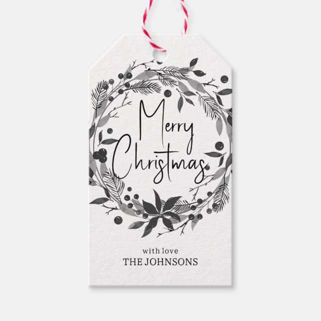 Etiqueta Para Presente Feliz Natal Wreath Holly Script Black White (Frente)