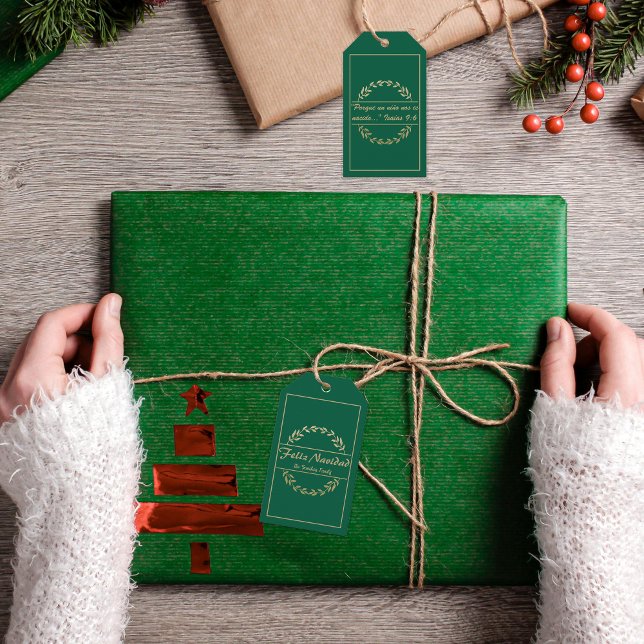 Etiqueta Para Presente Feliz Navidad Ouro White Isaiah 9:6 (Green Spanish Feliz navidad Christmas tag, custom text & name. ConJesusenelcamino)