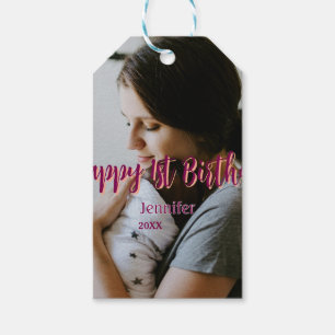 Etiqueta Para Presente Feliz primeiro aniversario, bebê mãe vermelha, lar