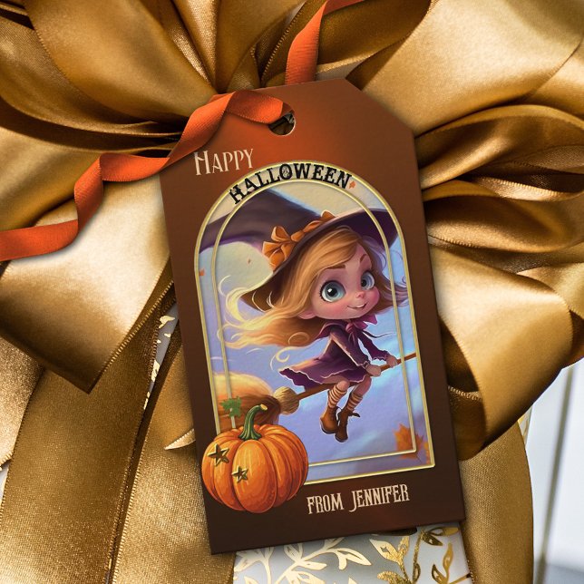 Etiqueta Para Presente Feliz Pumpkin de Bruxa Bonita do Halloween (A cute gift tag featuring a happy witch flying through the air to bring some goodies)