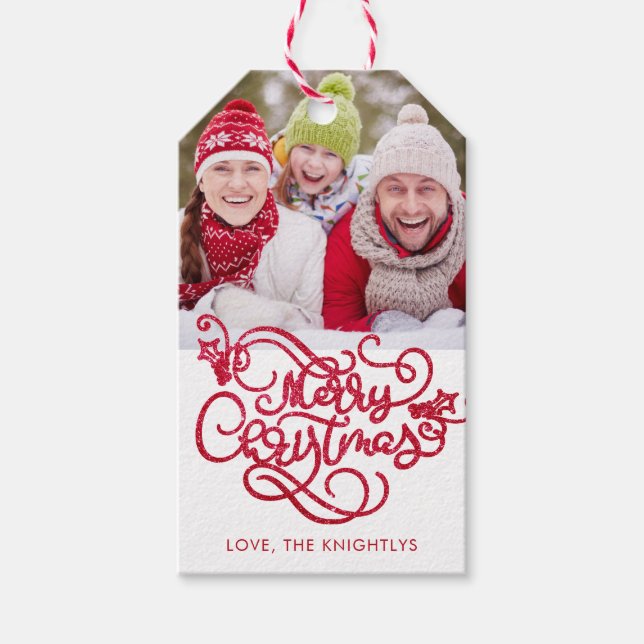 Etiqueta Para Presente Feliz Rico de Natal - Script Red Glitter (Frente)