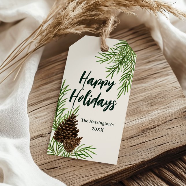 Etiqueta Para Presente Felizes Feriados Aquarela Pine Marfim Natal (Criador carregado)