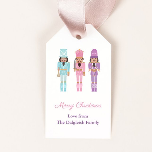 Etiqueta Para Presente Felizes Feriados do Pastel African American Nutcra (African american nutcracker soldiers in pink, turquoise and purple uniforms merry christmas gift tag)