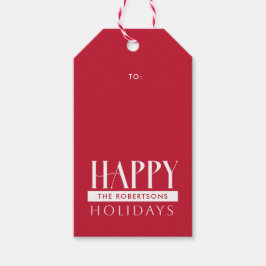 Etiqueta Para Presente Felizes Férias e Nome da Família Festivo Vermelho