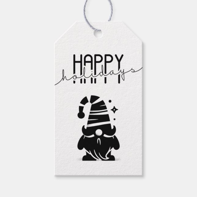 Etiqueta Para Presente Felizes Festas Gnome Chic Grunge Preto & Branco (Frente)