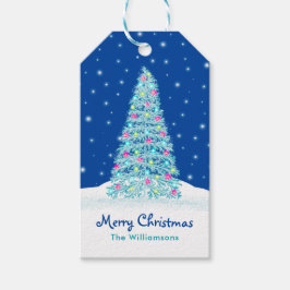 Etiqueta Para Presente Feriado de Árvore de Natal Elegante Azul Decorado