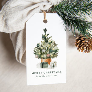Etiqueta Para Presente Feriado de Árvore de Natal Elegante Watercolor