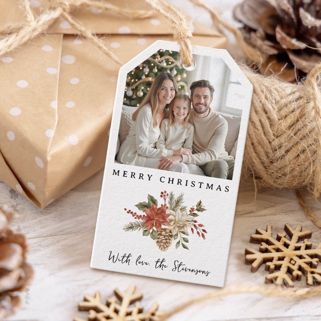 Etiqueta Para Presente Feriado de Foto de Poinsettia de Natal (Criador carregado)