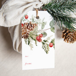Etiqueta Para Presente Feriado de Holly Berries e Pine Cones