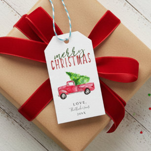 Etiqueta Para Presente Feriado de Natal do Caminhão Vermelho com Aquarela