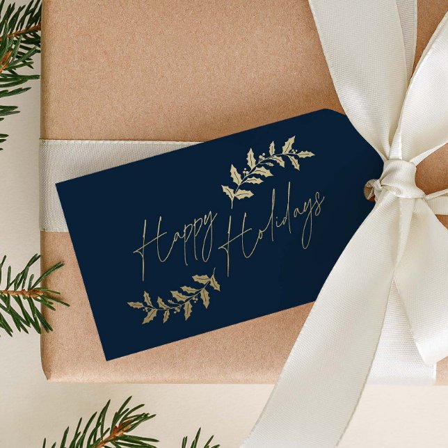 Etiqueta Para Presente Feriado de Natal Elegante Dourado Holly Branches (Gold and Navy Blue Happy Holidays Script Gift Tags.)