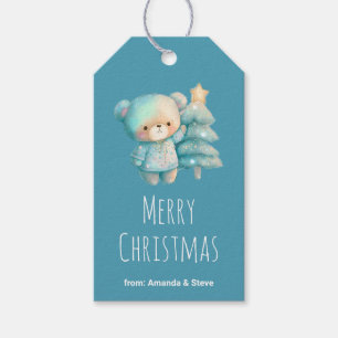 Etiqueta Para Presente Feriado de Urso Bonito e Árvore de Natal