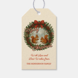 Etiqueta Para Presente Feriado em Inglês Retroativo Com Esquilos Cutos