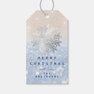 Etiqueta Para Presente Feriado Gift Blue Snow Flakes Silver Blue Glitter