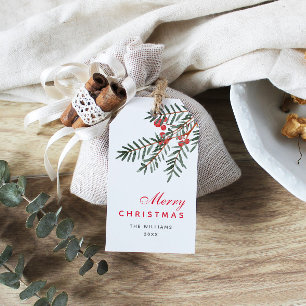 Etiqueta Para Presente Feriado Personalizado Pine Branch e Berry