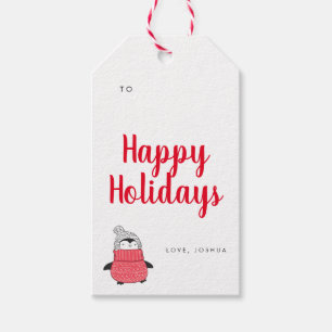Etiqueta Para Presente Feriado Tipográfico Vermelho Cute Penguin