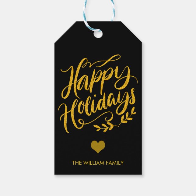 Etiqueta Para Presente Feriados Felizes Dourados e Glitter Pretos Persona (Frente)