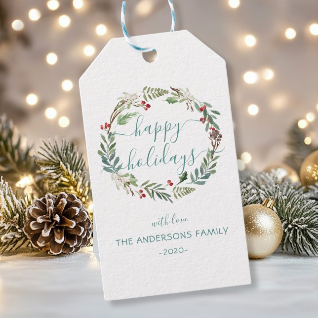 Etiqueta Para Presente Feriados Felizes Personalizados, faixa de aquarela (Personalized Happy Holidays watercolor wreath Gift Tags)