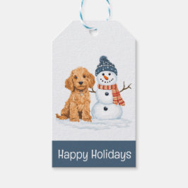 Etiqueta Para Presente Férias Felizes Cachorro Goldendoodle Homem de Neve