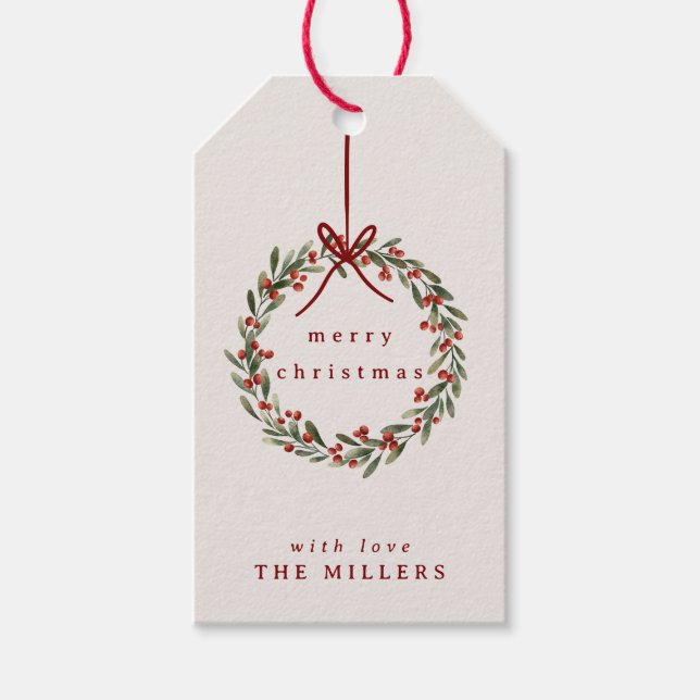 Etiqueta Para Presente Ferida foliar de Natal com arco vermelho (Frente)