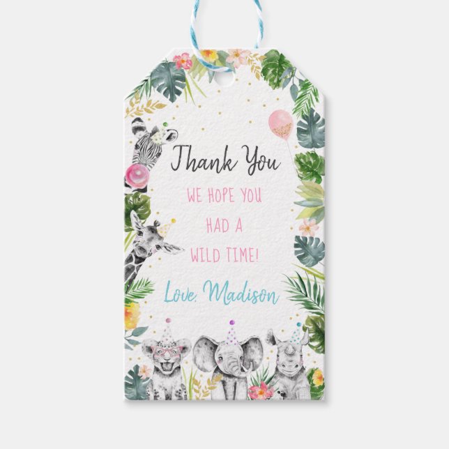 Etiqueta Para Presente Festa Animal Rosa Dourado Safari Tropical Aniversá (Frente)