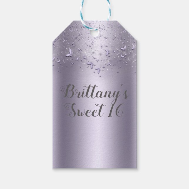 Etiqueta Para Presente Festa de 16 Anos Borboleta Esvoaçante Lilás Brilha (Frente)