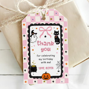 Etiqueta Para Presente Festa de Aniversário de Halloween em Xadrez Rosa