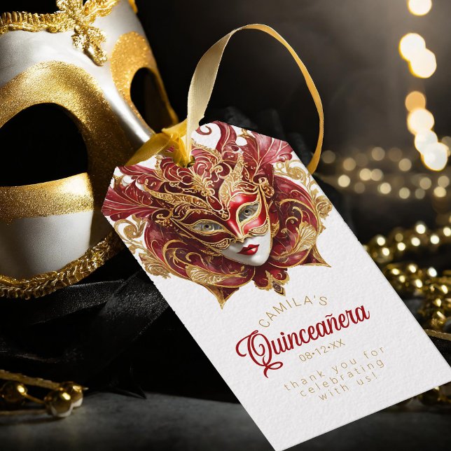 Etiqueta Para Presente Festa de Máscaras Quinceanera Vermelho Dourado ID1 (Criador carregado)