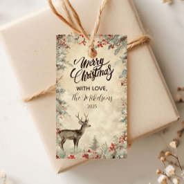 Etiqueta Para Presente Festa de Natal Rustic Deer Pine Berry