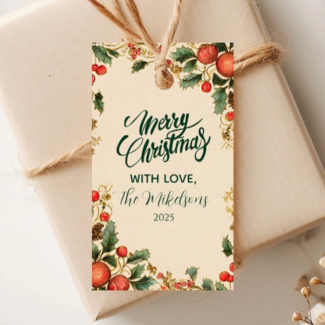 Etiqueta Para Presente Festa de Natal Rustic Holly Pomegranate (Criador carregado)