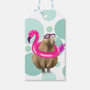 Etiqueta Para Presente Festa piscina, Capybara Bonita Com Flamingo De Cor