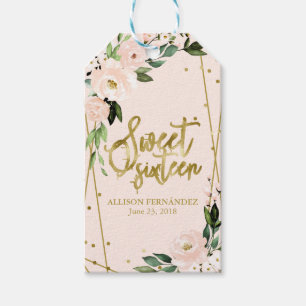 Etiqueta Para Presente Festa Sweet 16 Blush Rosa Floral Folha Dourada