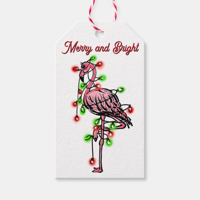 Etiqueta Para Presente Festive holiday Flamingo  red green Xmas lights (Frente)