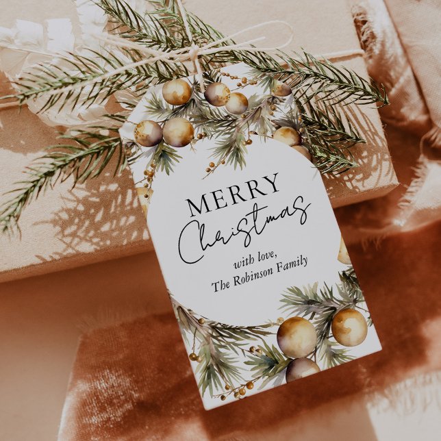 Etiqueta Para Presente Festivo Aquarela Dourada Folhagem Natal (Criador carregado)