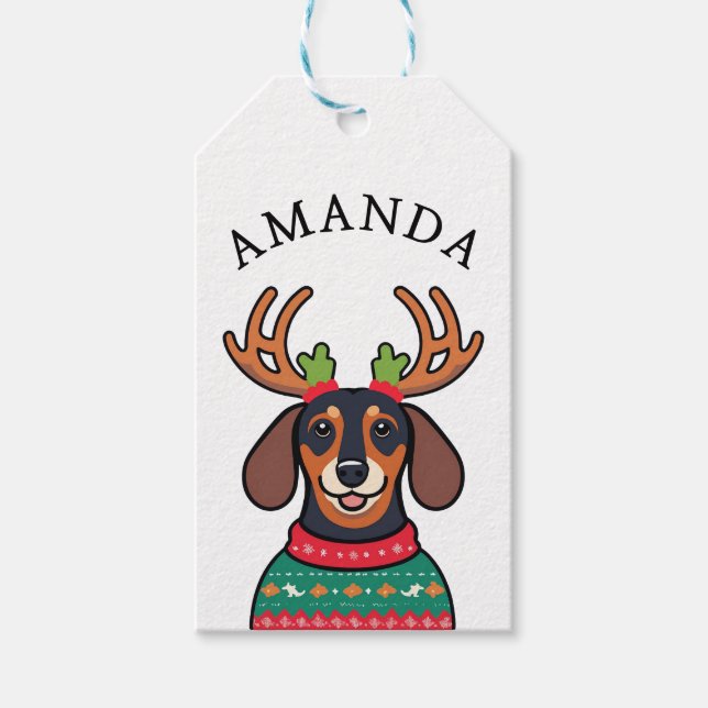 Etiqueta Para Presente Festivo Black Dachshund Nome de Natal (Frente)