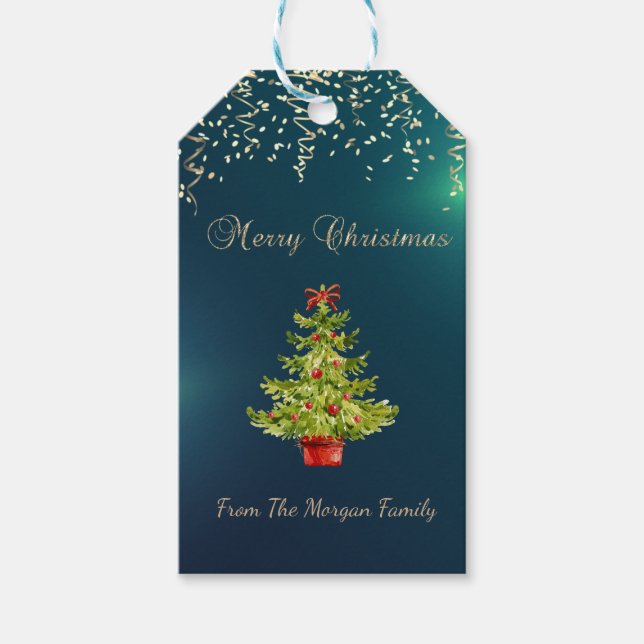 Etiqueta Para Presente Festivo Confetti, Árvore de Natal, Verde (Frente)