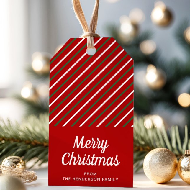 Etiqueta Para Presente Festivo Feliz Natal Vermelho (Festive Merry Christmas Striped Red Gift Tags)